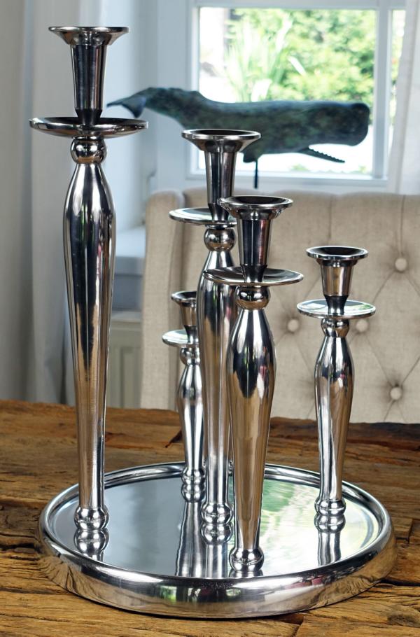Kerzenständer Kerzenhalter Silber aus Aluminium Rund auf Tablett (Metall)